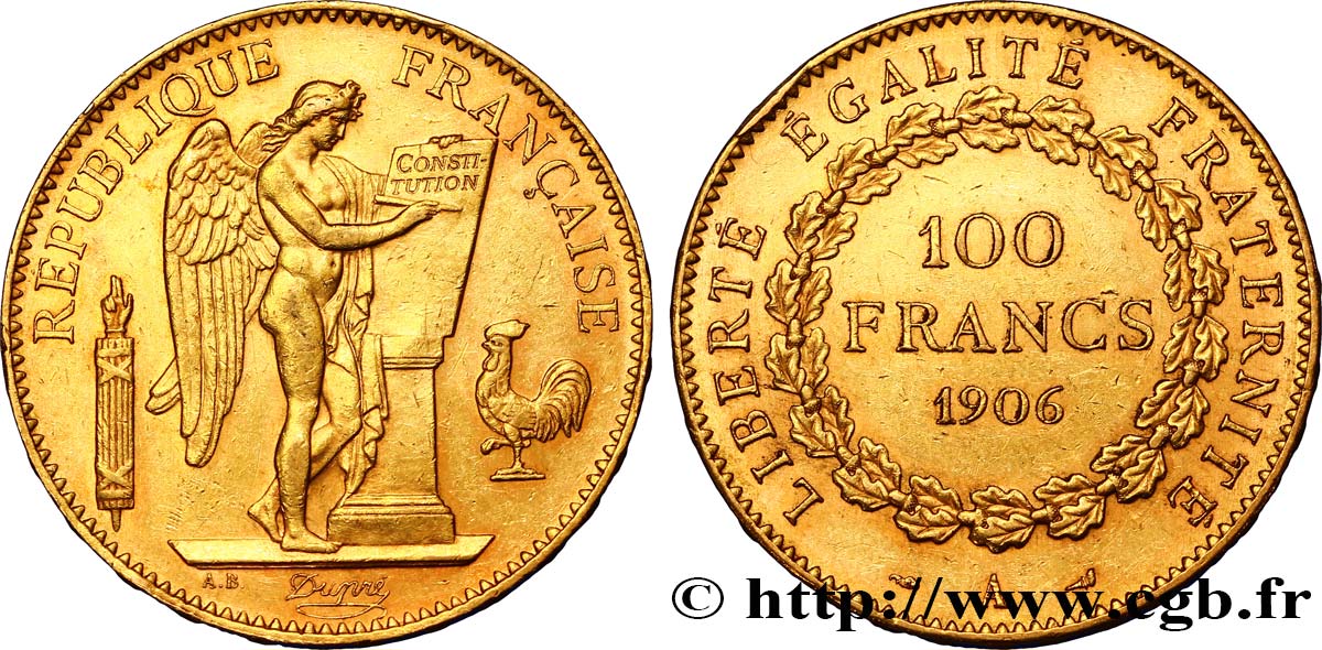 100 francs or Génie, tranche inscrite en relief Dieu protège la France 1906 Paris F.552/19 SUP 