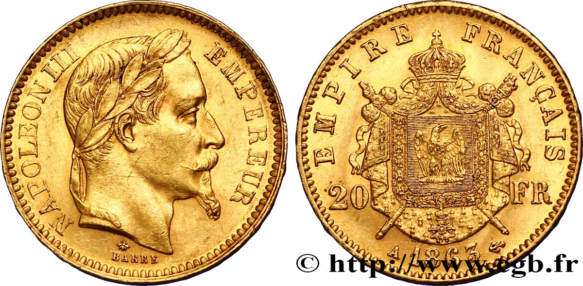 20 francs or Napoléon III, tête laurée 1863 Paris F.532/6 AU54 