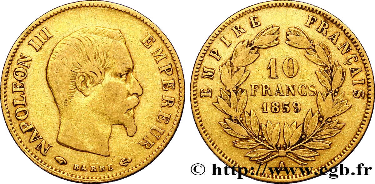 10 francs or Napoléon III, tête nue 1859 Paris F.506/7 MBC40 