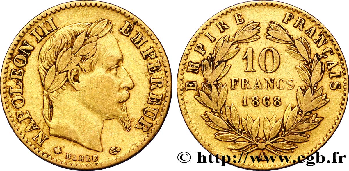 10 francs or Napoléon III, tête laurée 1868 Paris F.507A/17 TTB40 