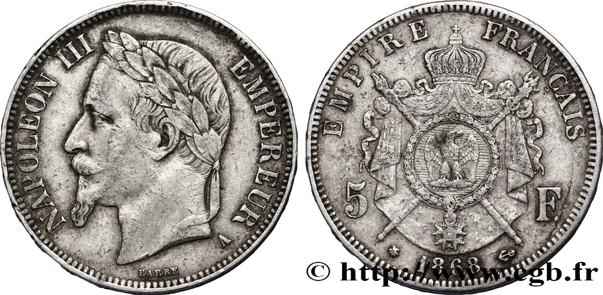 5 francs Napoléon III, tête laurée 1868 Paris F.331/12 BB45 