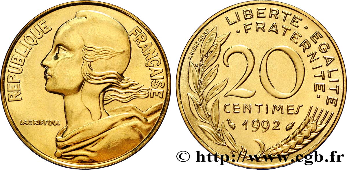 20 centimes Marianne, BU (Brillant Universel), frappe médaille 1992 Pessac F.156/34 FDC65 