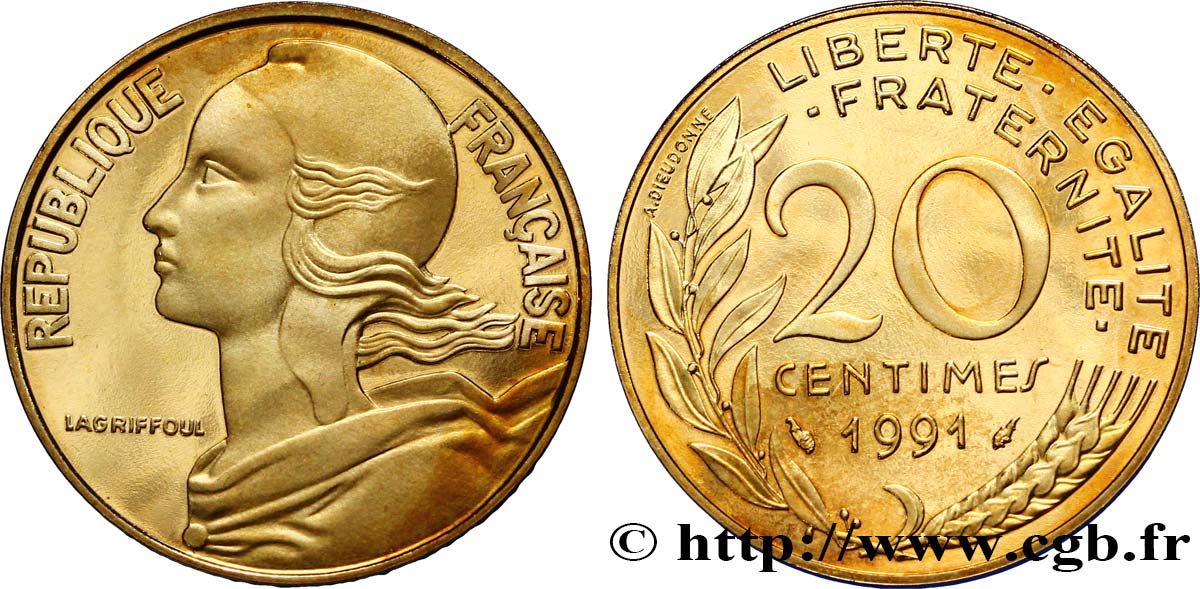 20 centimes Marianne, BE (Belle Épreuve) 1991 Pessac F.156/31 var. MS67 
