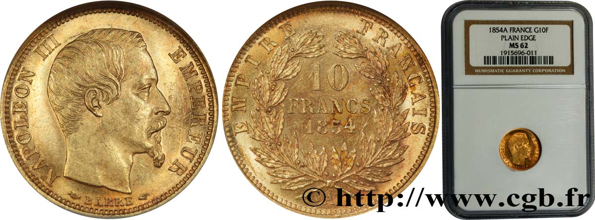 10 francs or Napoléon III, tête nue, petit module, tranche lisse 1854 Paris F.505/1 VZ62 NGC