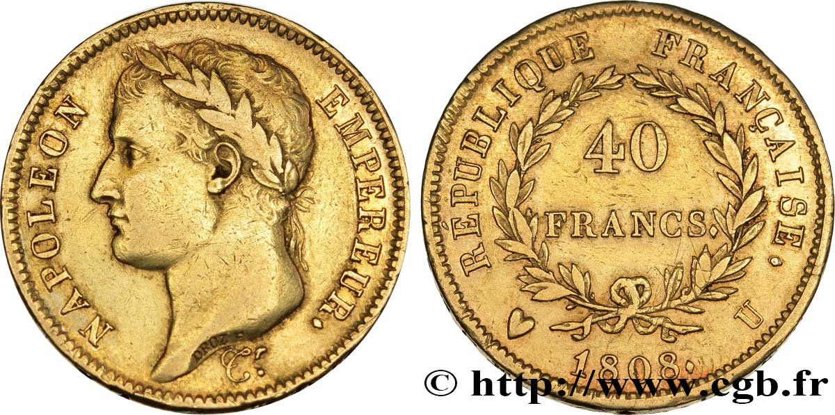 40 francs or Napoléon Ier tête laurée, République française 1808 Turin F.540/5 XF48 