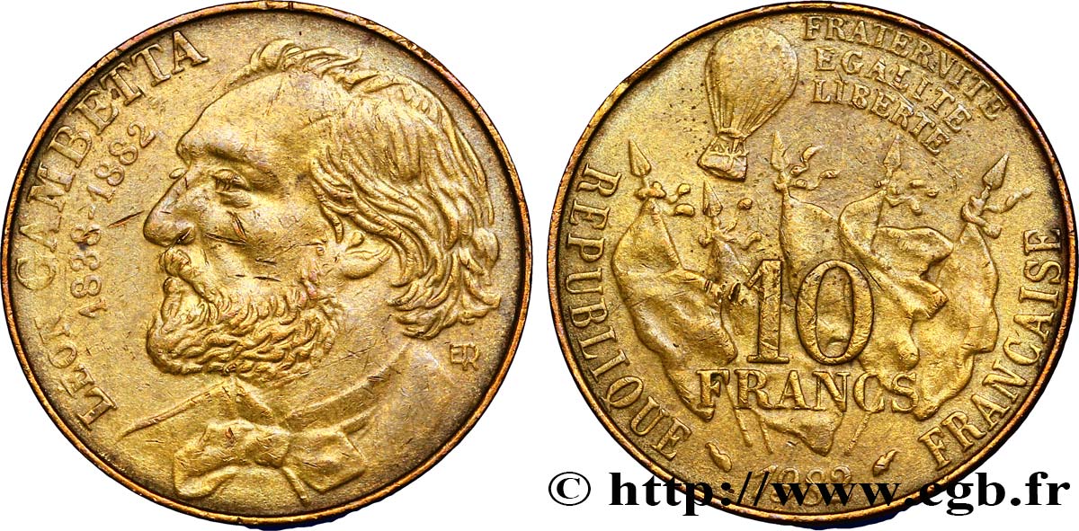 Faux de 10 francs Gambetta, frappe médaille 1982  F.366/2 var. SPL58 