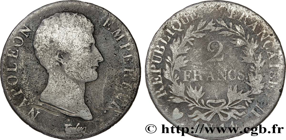 2 francs Napoléon Empereur, Calendrier révolutionnaire 1805 Turin F.251/34 VG8 