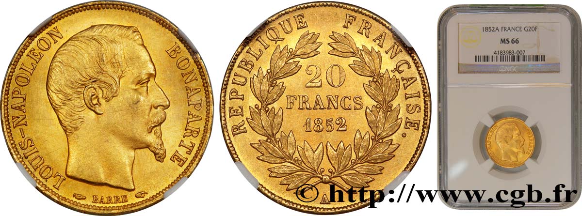 20 francs or Louis-Napoléon 1852 Paris F.530/1 MS66 NGC