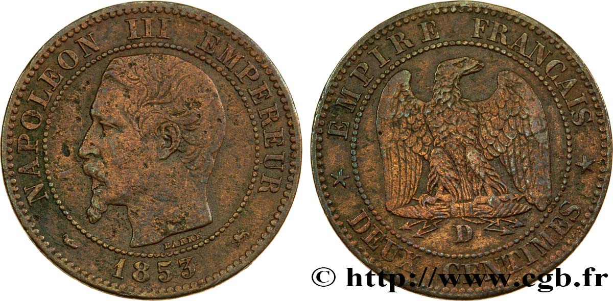 Deux centimes Napoléon III, tête nue 1853 Lyon F.107/4 S18 