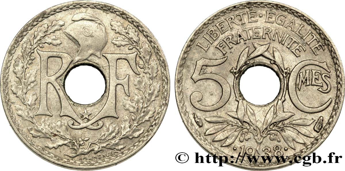 5 centimes Lindauer, maillechort, avec étoile 1938  F.123/1 MBC48 