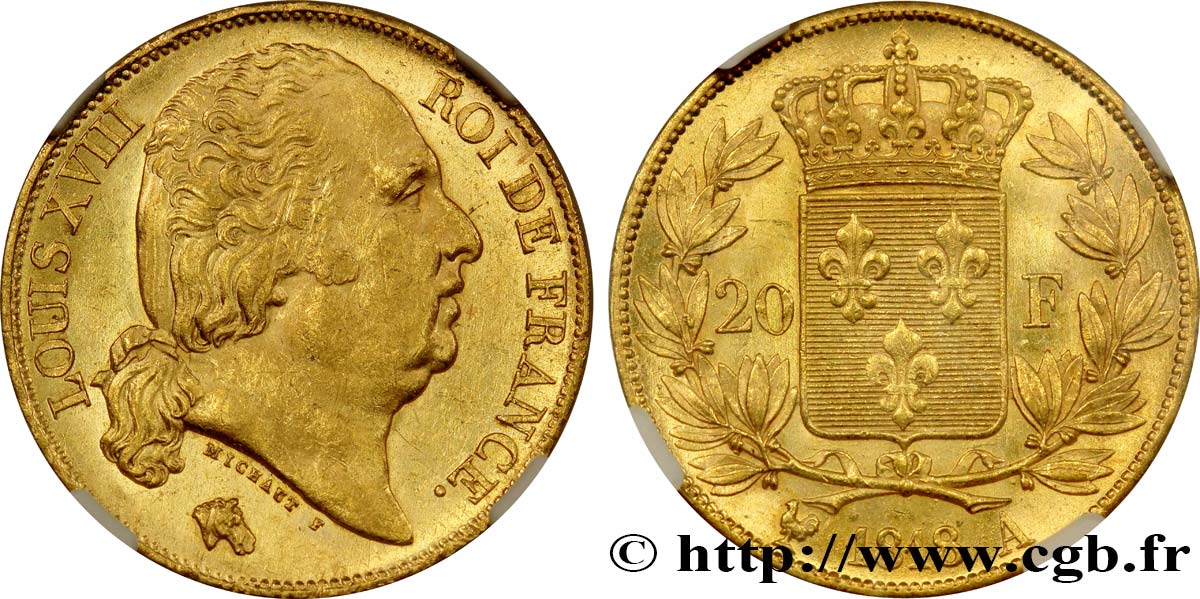 20 francs or Louis XVIII, tête nue 1818 Paris F.519/10 SC63 NGC