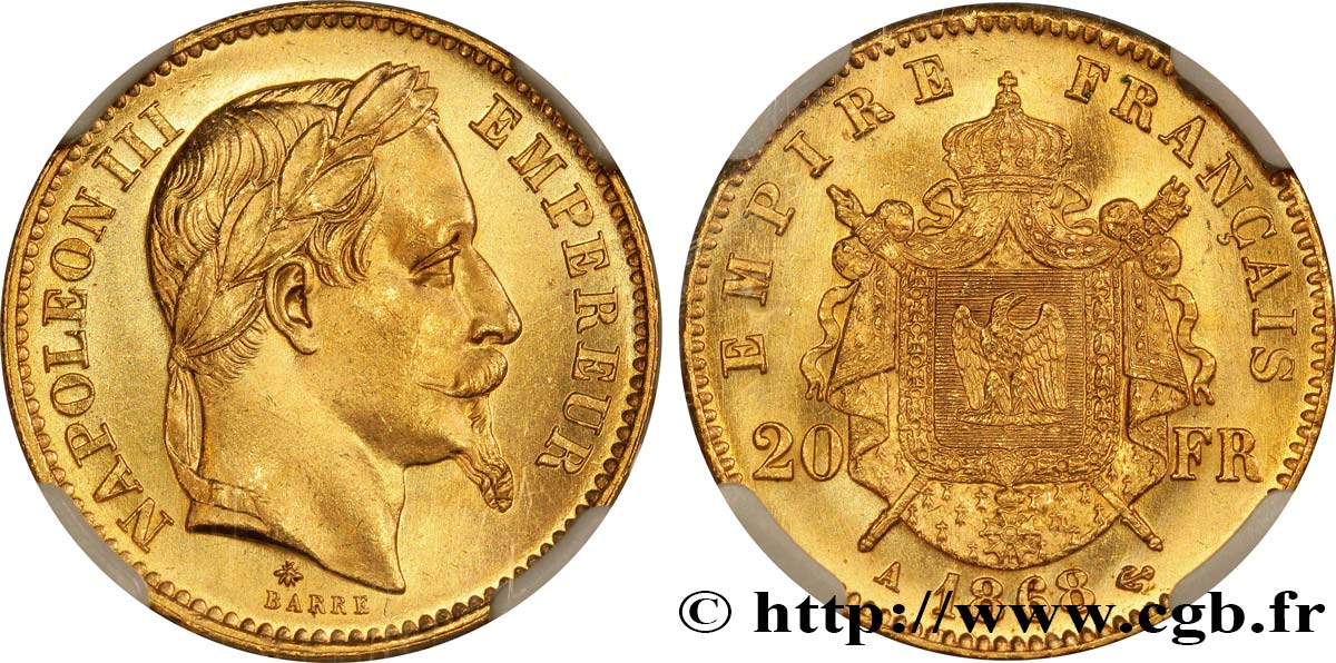 20 francs or Napoléon III, tête laurée 1868 Paris F.532/18 SC64 NGC