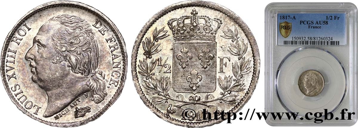 1/2 franc Louis XVIII 1817 Paris F.179/9 SUP58 PCGS