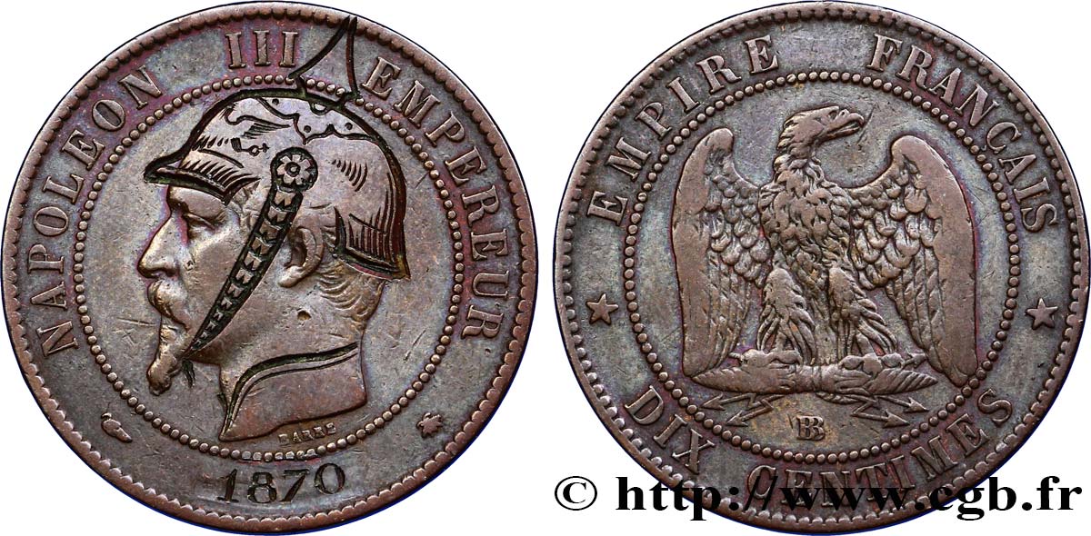 Dix centimes Napoléon III, tête nue, différent levrette, satirique 1870 Strasbourg F.133/- var. TTB45 