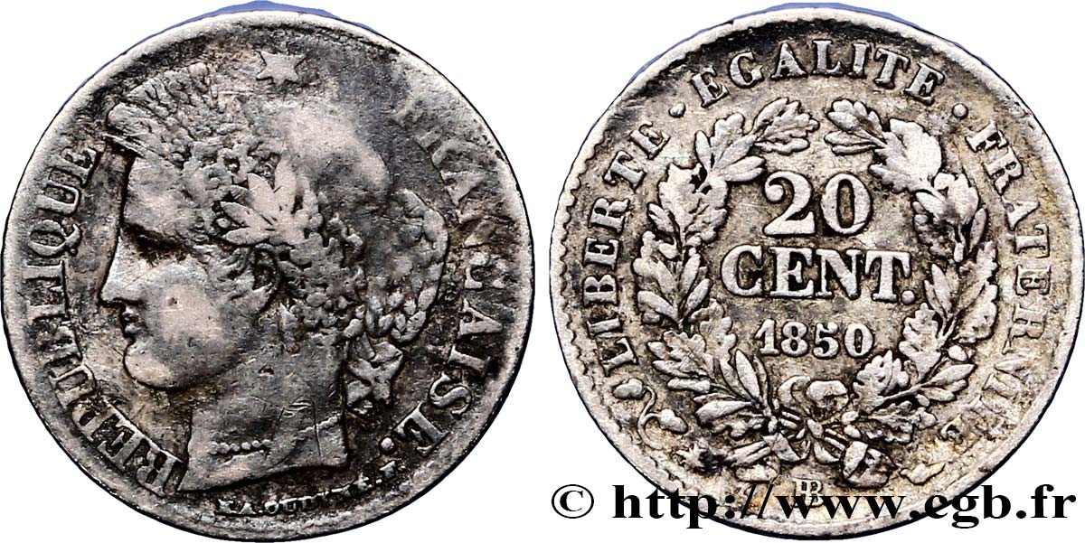 20 centimes Cérès, IIe République 1850 Strasbourg F.146/4 S20 
