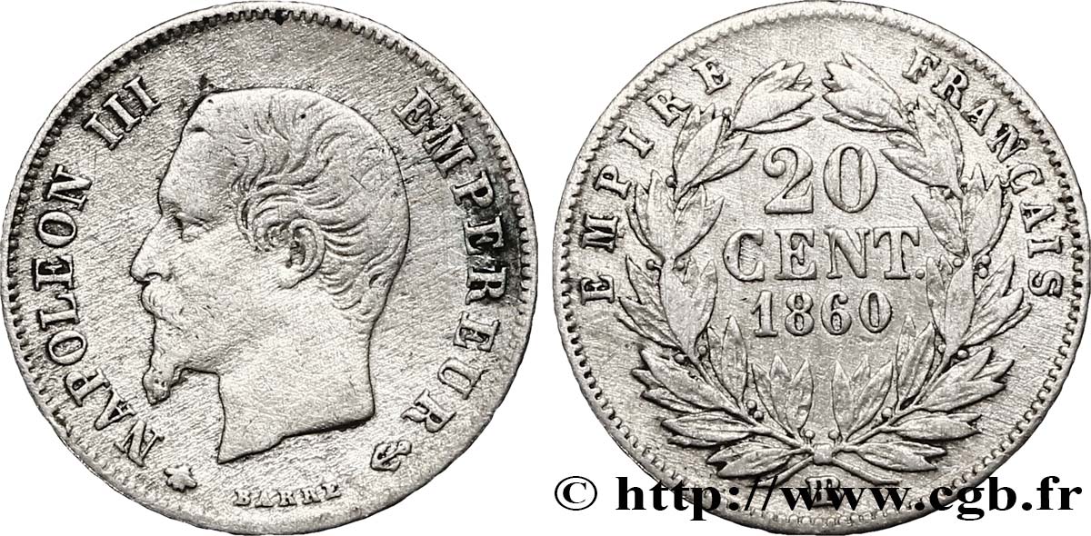 20 centimes Napoléon III, tête nue 1860 Strasbourg F.148/16 MB 