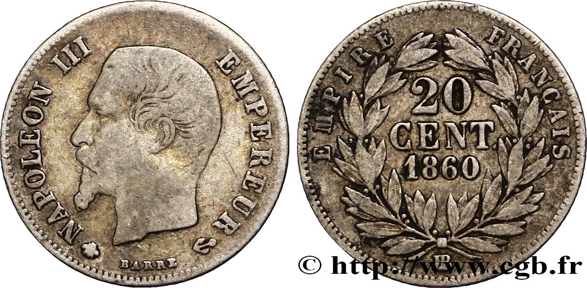 20 centimes Napoléon III, tête nue 1860 Strasbourg F.148/16 BC 