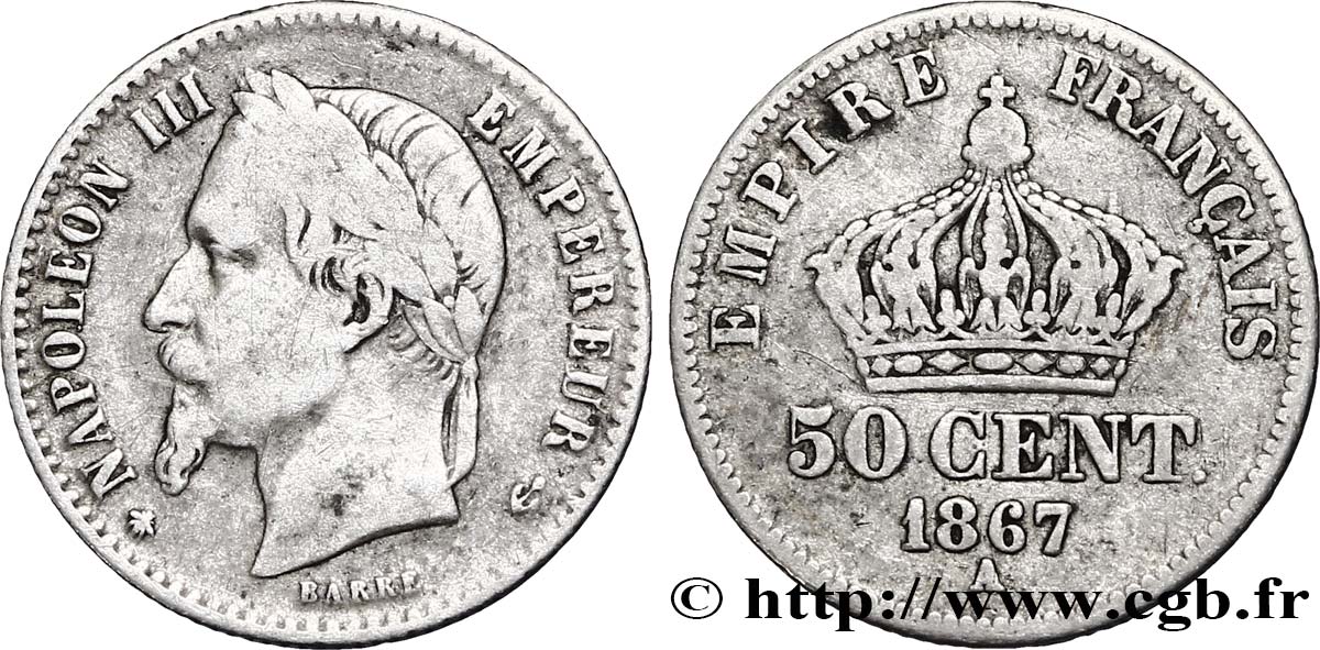 50 centimes Napoléon III, tête laurée 1867 Paris F.188/13 VF20 