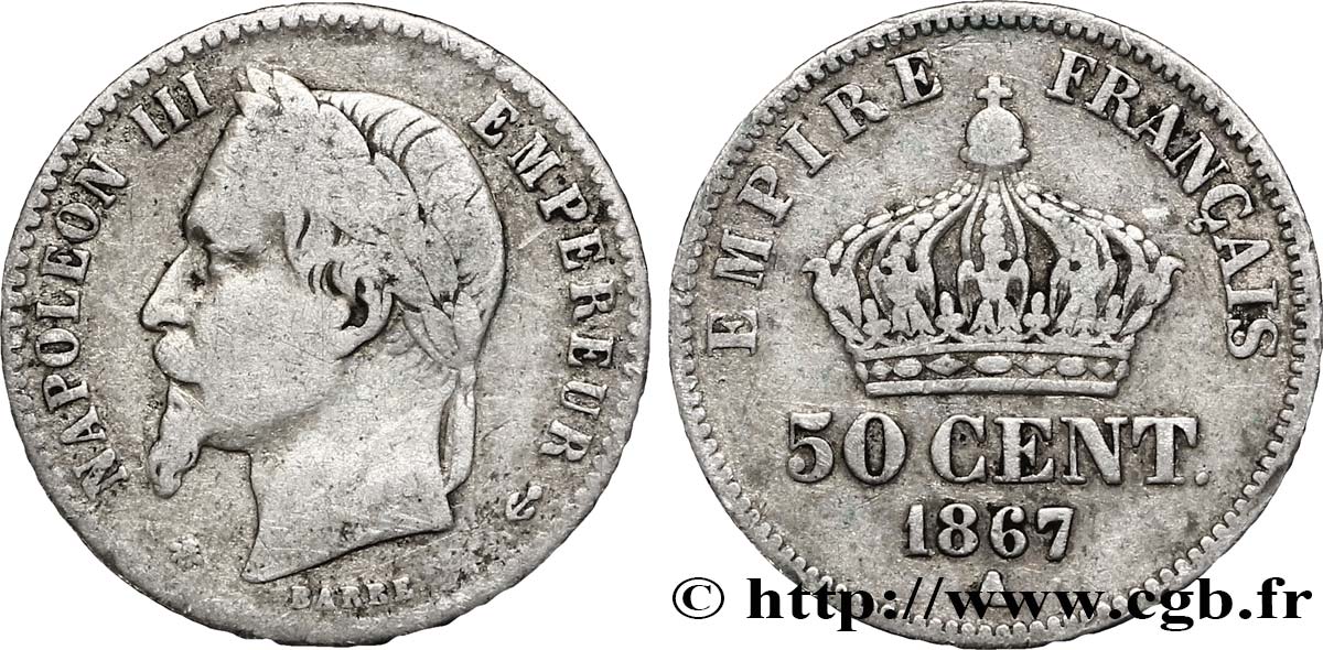 50 centimes Napoléon III, tête laurée 1867 Paris F.188/13 S20 