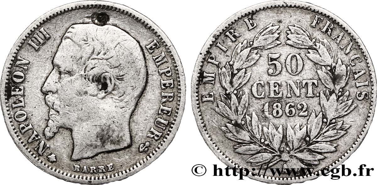 50 centimes Napoléon III, tête nue 1862 Paris F.187/16 TB30 