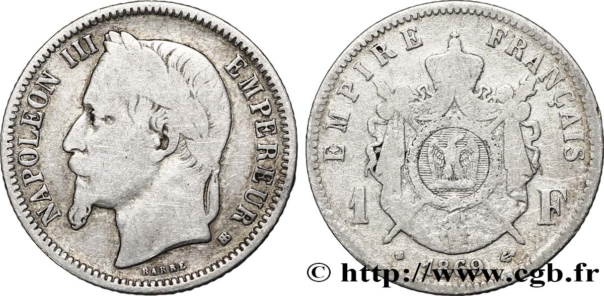 1 franc Napoléon III, tête laurée 1869 Strasbourg F.215/15 TB15 