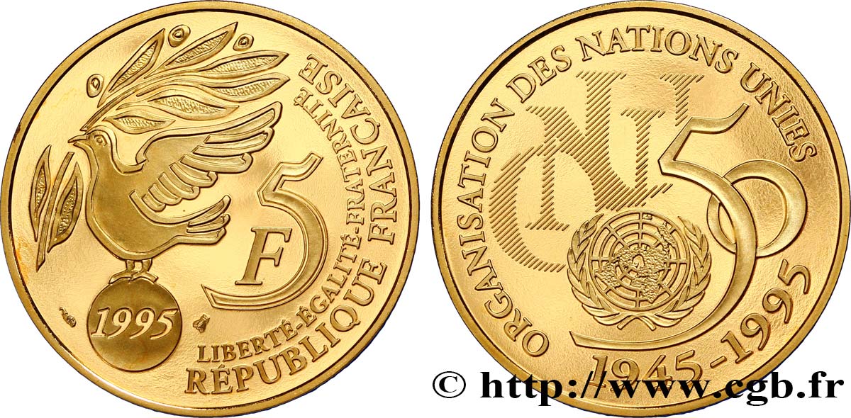 5 francs cinquantenaire de l’ONU, Belle Épreuve Or 1995 Pessac F.1203 1 MS68 