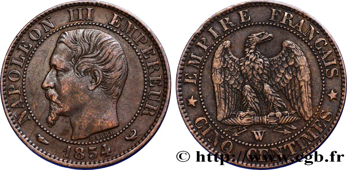 Cinq centimes Napoléon III, tête nue 1854 Lille F.116/15 XF48 