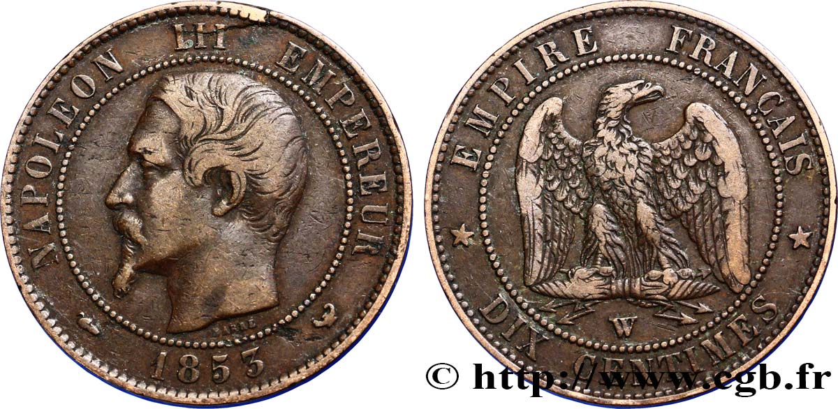 Dix centimes Napoléon III, tête nue 1853 Lille F.133/10 BC30 