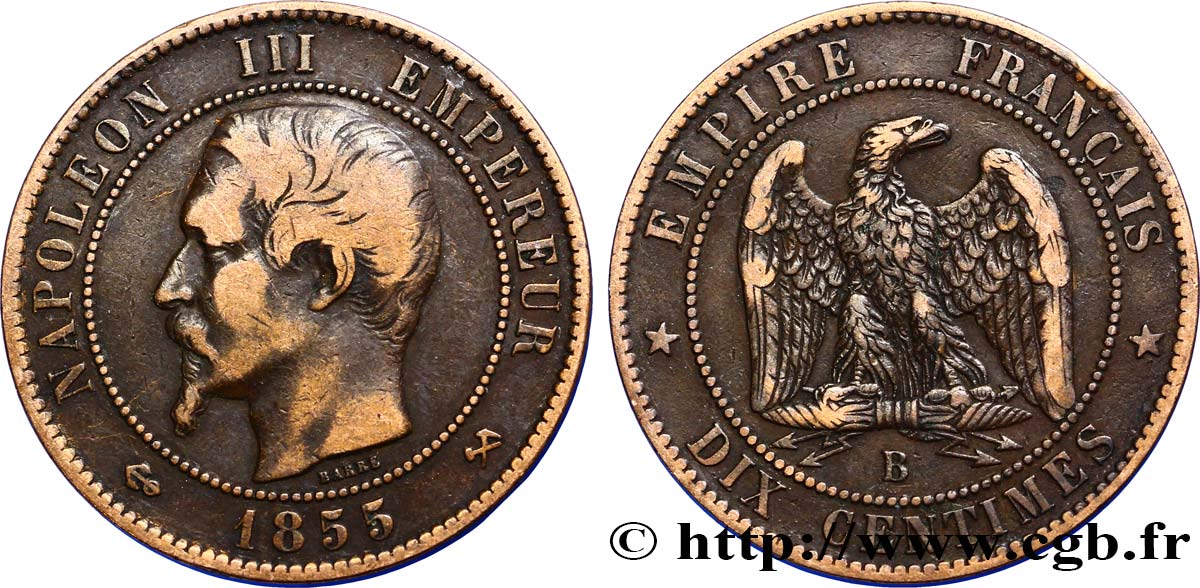 Dix centimes Napoléon III, tête nue 1855 Rouen F.133/22 SS40 