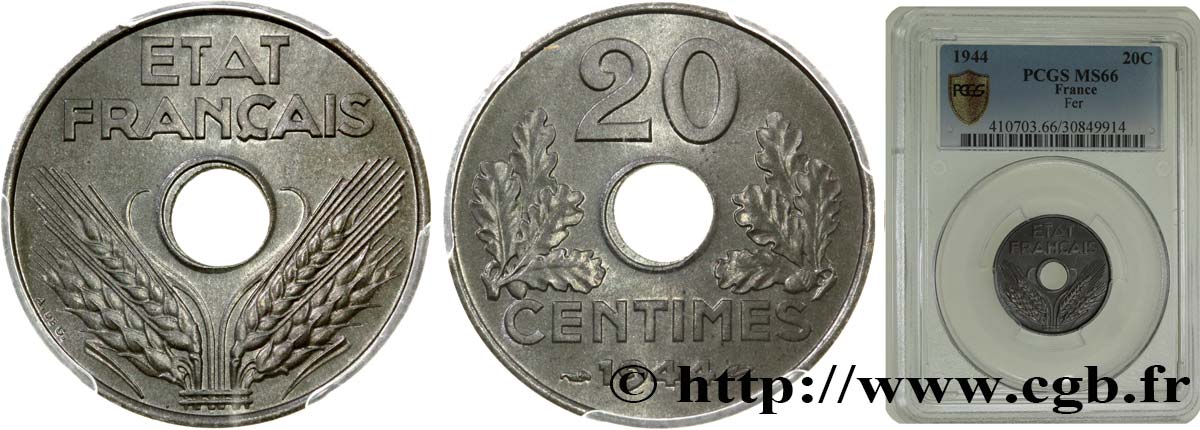 20 centimes fer 1944  F.154/3 MS65 