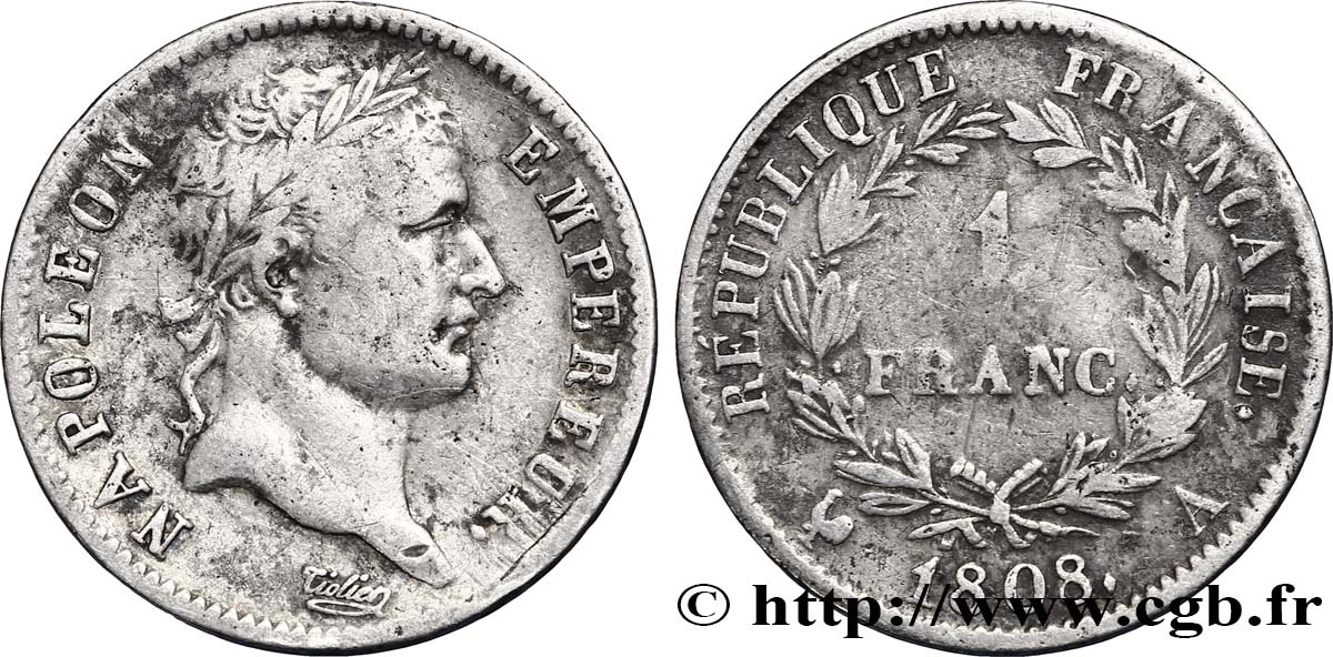 1 franc Napoléon Ier tête laurée, République française 1808 Paris F.204/2 MB30 