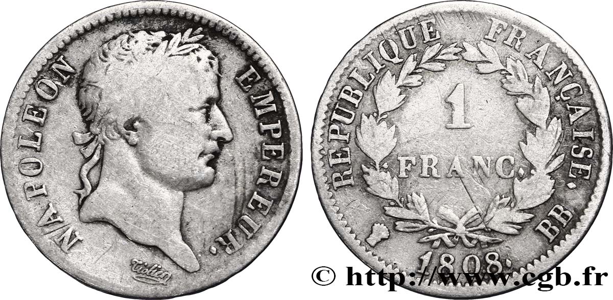 1 franc Napoléon Ier tête laurée, République française 1808 Strasbourg F.204/4 MB15 