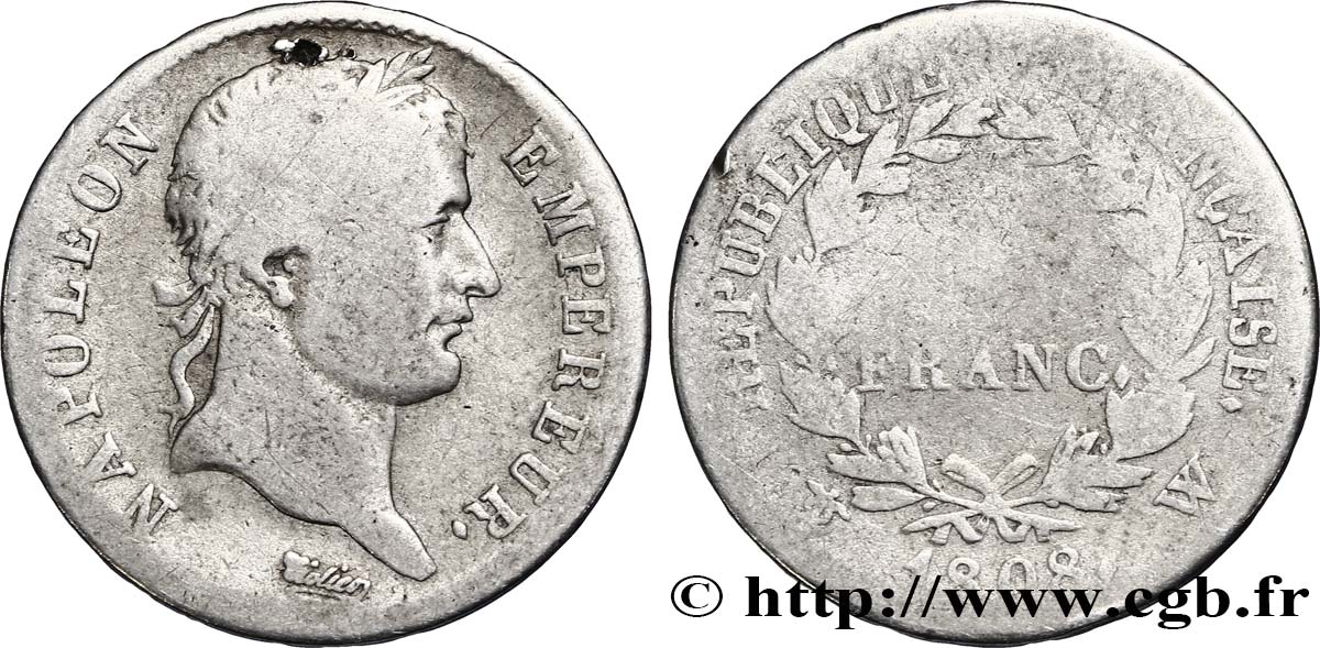 1 franc Napoléon Ier tête laurée, République française 1808 Lille F.204/15 B10 