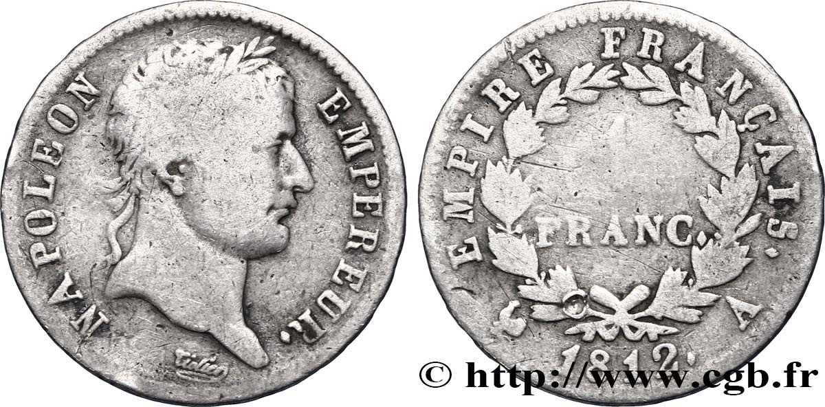 1 franc Napoléon Ier tête laurée, Empire français 1812 Paris F.205/42 F13 