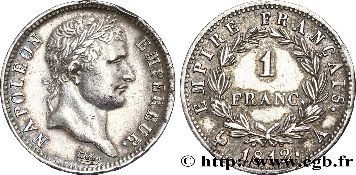 1 franc Napoléon Ier tête laurée, Empire français 1812 Paris F.205/42 AU52 