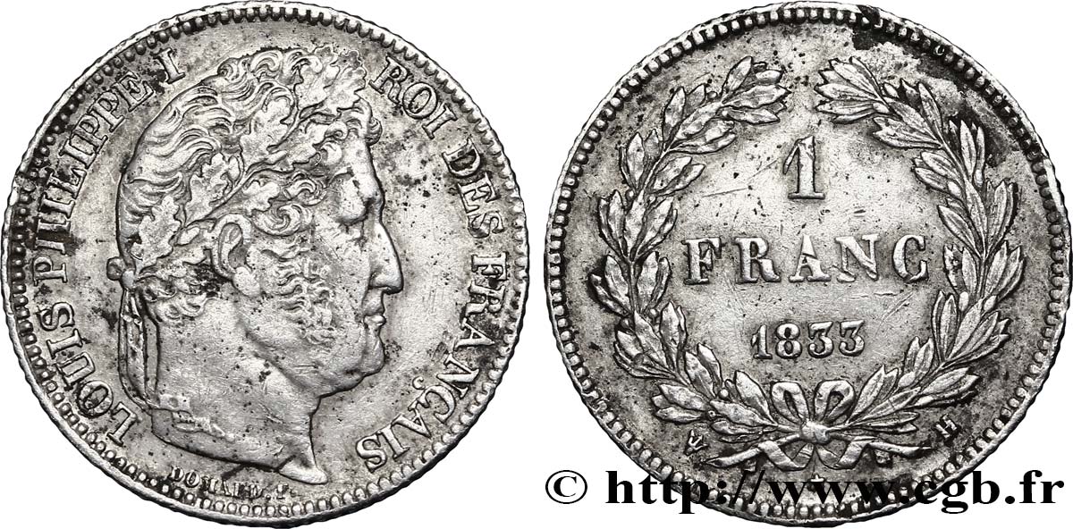 1 franc Louis-Philippe, couronne de chêne 1833 La Rochelle F.210/18 XF 