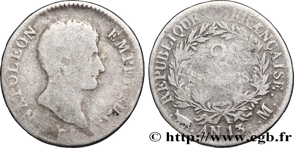 2 francs Napoléon Empereur, Calendrier révolutionnaire 1805 Toulouse F.251/21 B8 