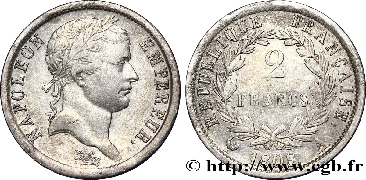 2 francs Napoléon Ier tête laurée, République française 1808 Paris F.254/4 BB45 