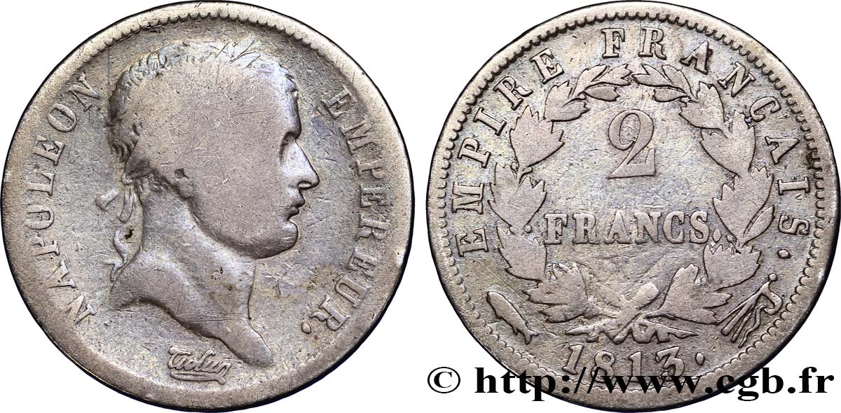2 francs Napoléon Ier tête laurée, Empire français 1813 Utrecht F.255/65 B12 