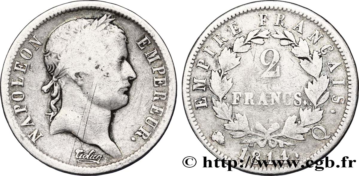 2 francs Napoléon Ier tête laurée, Empire français 1814 Perpignan F.255/69 S15 