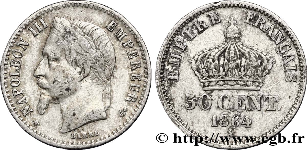 50 centimes Napoléon III, tête laurée 1864 Paris F.188/2 XF40 