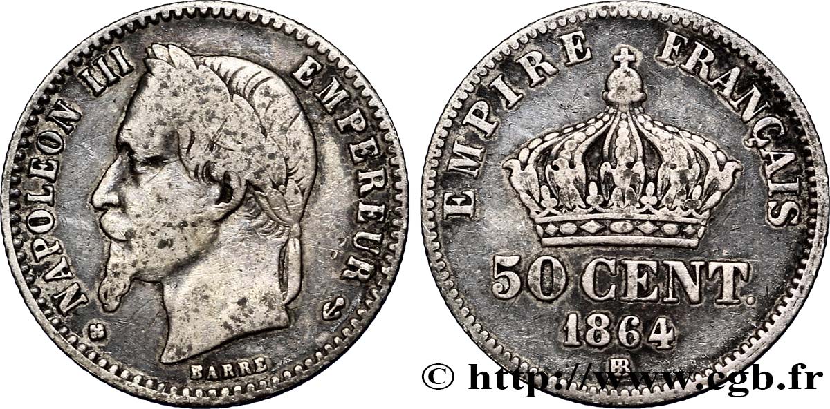 50 centimes Napoléon III, tête laurée 1864 Strasbourg F.188/3 S30 