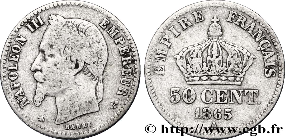 50 centimes Napoléon III, tête laurée 1865 Paris F.188/6 TB15 