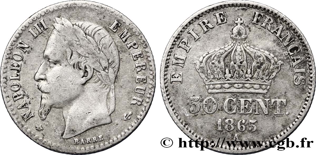 50 centimes Napoléon III, tête laurée 1865 Paris F.188/5 BC35 