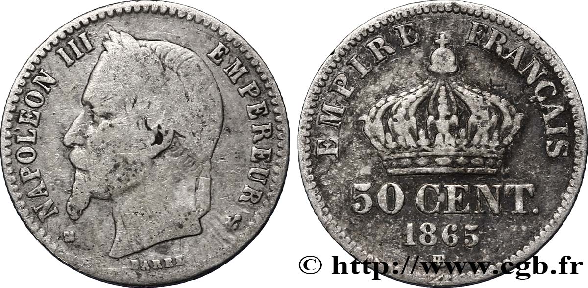 50 centimes Napoléon III, tête laurée 1865 Strasbourg F.188/7 F12 