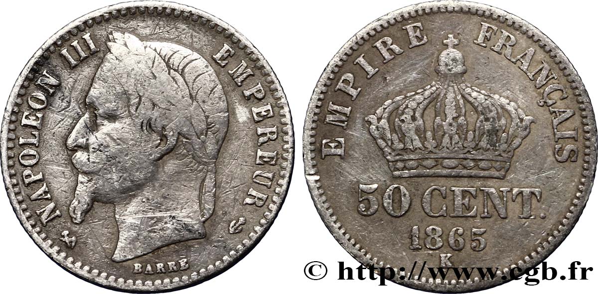 50 centimes Napoléon III, tête laurée 1865 Bordeaux F.188/8 MB20 