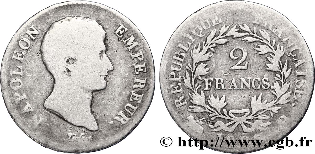 2 francs Napoléon Empereur, Calendrier grégorien 1807 Rouen F.252/10 B12 