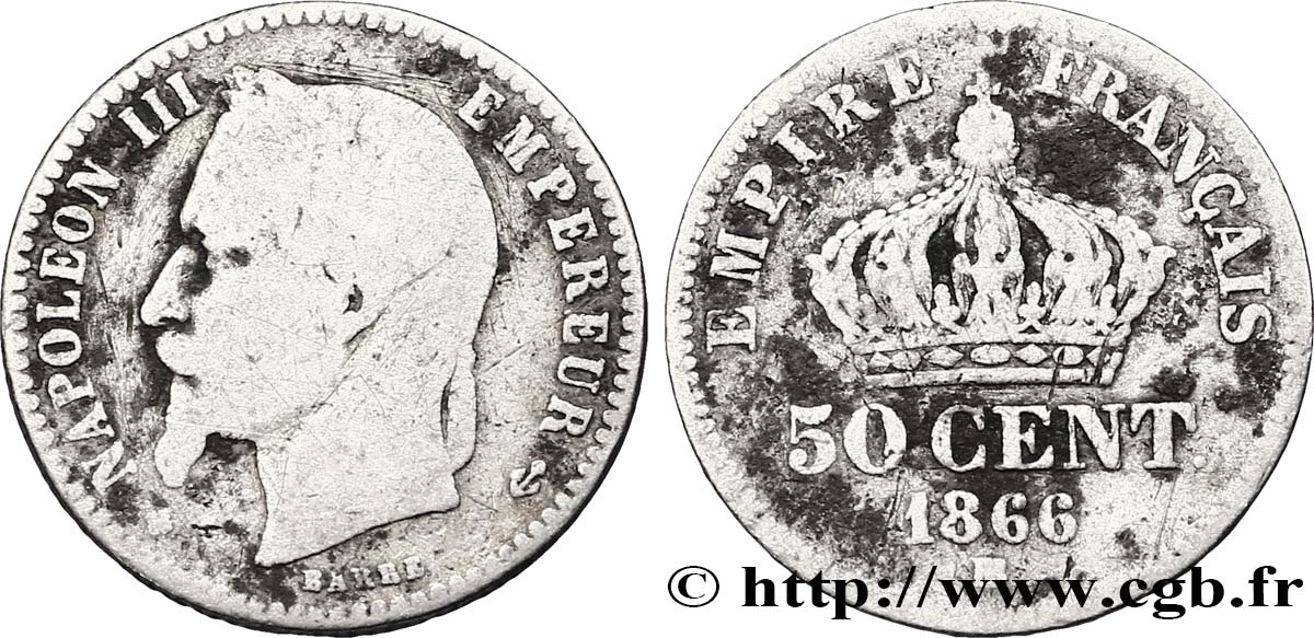 50 centimes Napoléon III, tête laurée 1866 Strasbourg F.188/10 SGE6 