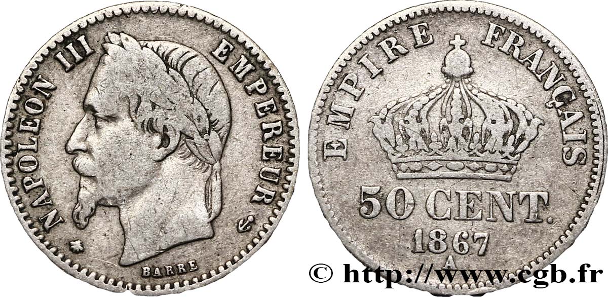 50 centimes Napoléon III, tête laurée 1867 Paris F.188/13 TB25 