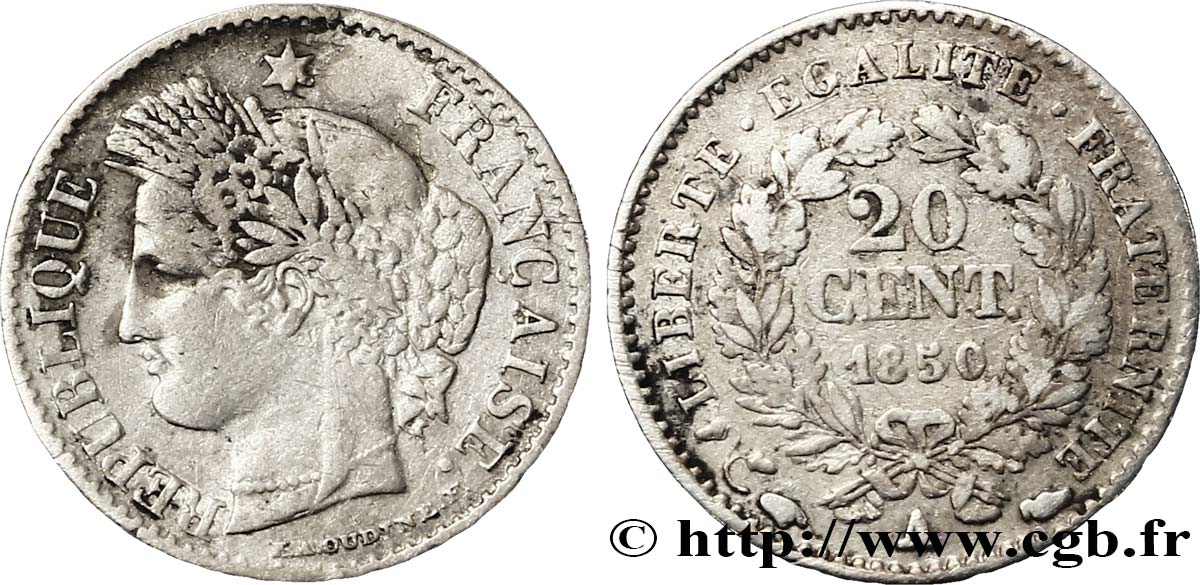 20 centimes Cérès, IIe République 1850 Paris F.146/3 MB35 